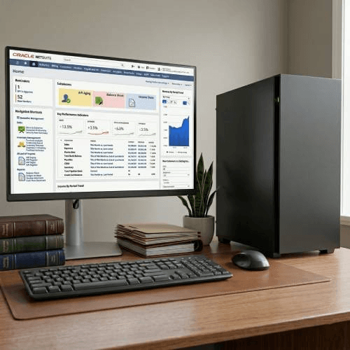 Home and office PC setup with monitor, keyboard, and compact desktop